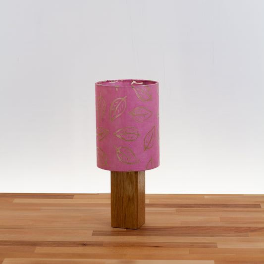 Square Oak Table Lamp with 15cm Drum Lamp Shade ~ Batik Leaf on Pink (P67)