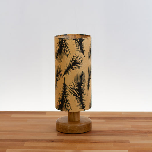Round Oak Table Lamp (15cm) with 15cm x 30cm Drum Lampshade in B102 ~ Black Feather
