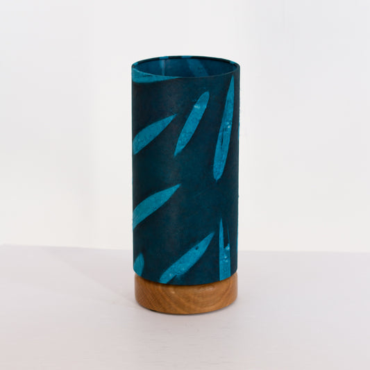 Flat Round Oak Table Lamp with 15cm x 30cm Lampshade in P99 - Resistance Dyed Teal Bamboo