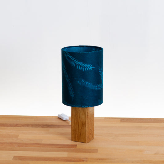 Square Oak Table Lamp with 15cm Drum Lamp Shade B106 ~ Resistance Dyed Teal Fern