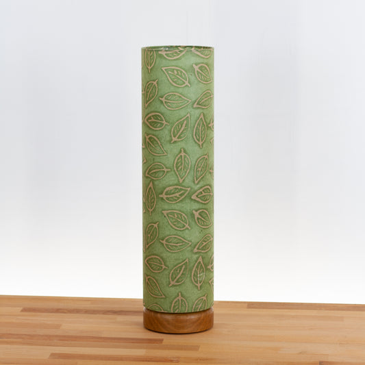 Flat Round Oak Table Lamp with 15cm x 60cm Lampshade in P29 - Batik Leaf on Green