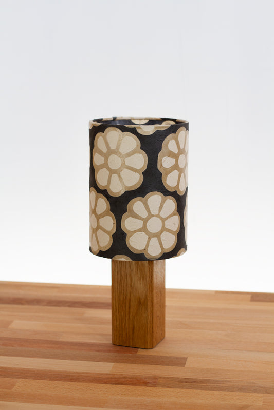 Square Oak Table Lamp with 15cm Drum Lamp Shade ~ Batik Big Flower on Black (P24)