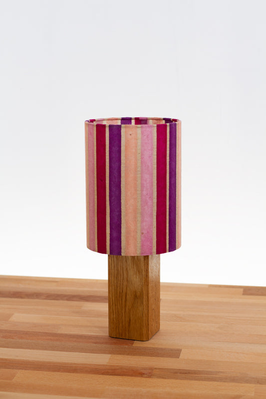 Square Oak Table Lamp with 15cm Drum Lamp Shade ~ Batik Stripes Pink (P04)