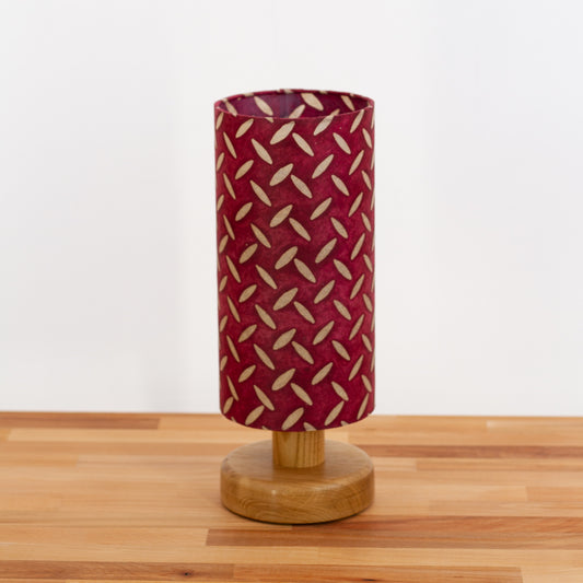 Round Oak Table Lamp (15cm) with 15cm x 30cm Drum Lampshade in Batik Tread Plate Cranberry(P14)