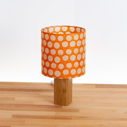 Square Oak Table Lamp with 20cm Drum Lamp Shade B110 ~ Batik Dots on Orange