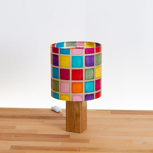 Square Oak Table Lamp with 20cm Drum Lamp Shade P01 Batik Mutli Square