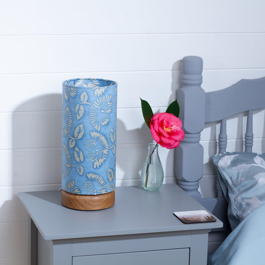Flat Round Oak Table Lamp with 15cm x 30cm Lampshade in B129 ~ Batik Peony Blue