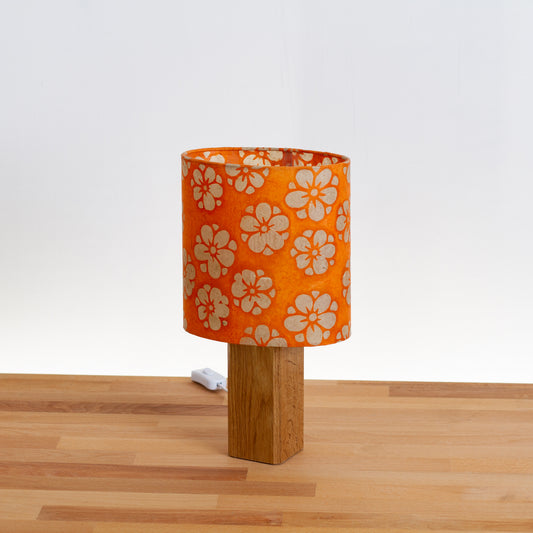 Square Oak Table Lamp with 20cm Oval Lamp Shade P94 - Batik Star Flower on Orange