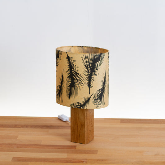 Square Oak Table Lamp with 20cm Oval Lamp Shade B102 - Black Feathers
