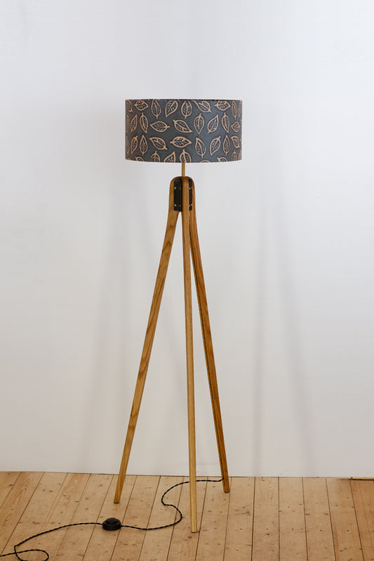 Oak Tripod Floor Lamp - B124 ~ Batik Leaf Grey