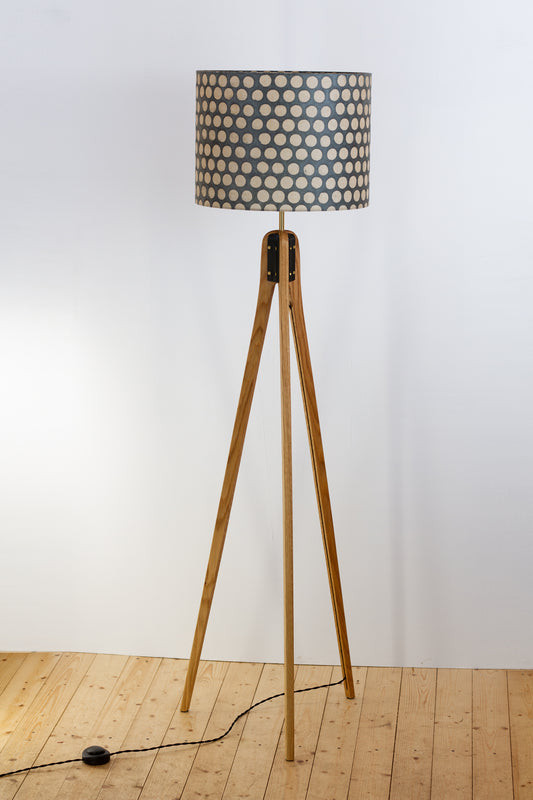 Oak Tripod Floor Lamp - P78 - Batik Dots on Grey