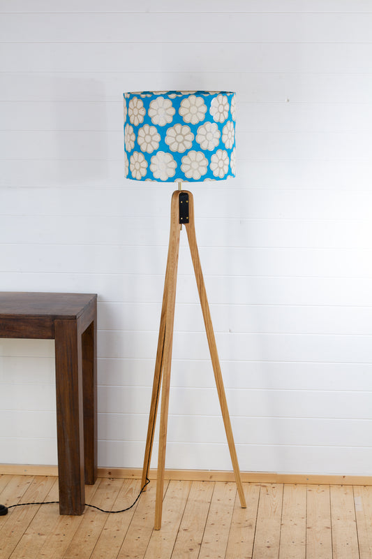 Oak Tripod Floor Lamp - P23 - Batik Big Flower on Teal