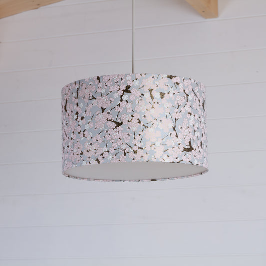 Drum Lamp Shade - W02 ~ Pink Cherry Blossom on Grey, 35cm(d) x 20cm(h)