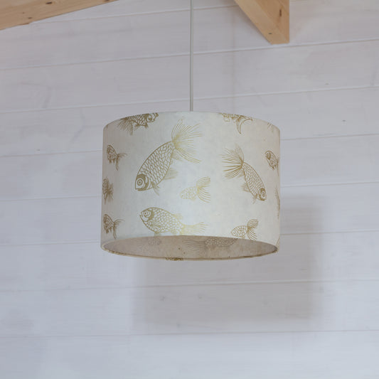Drum Lamp Shade - P40 - Gold Fish Screen Print on Natural Lokta, 30cm(d) x 20cm(h)