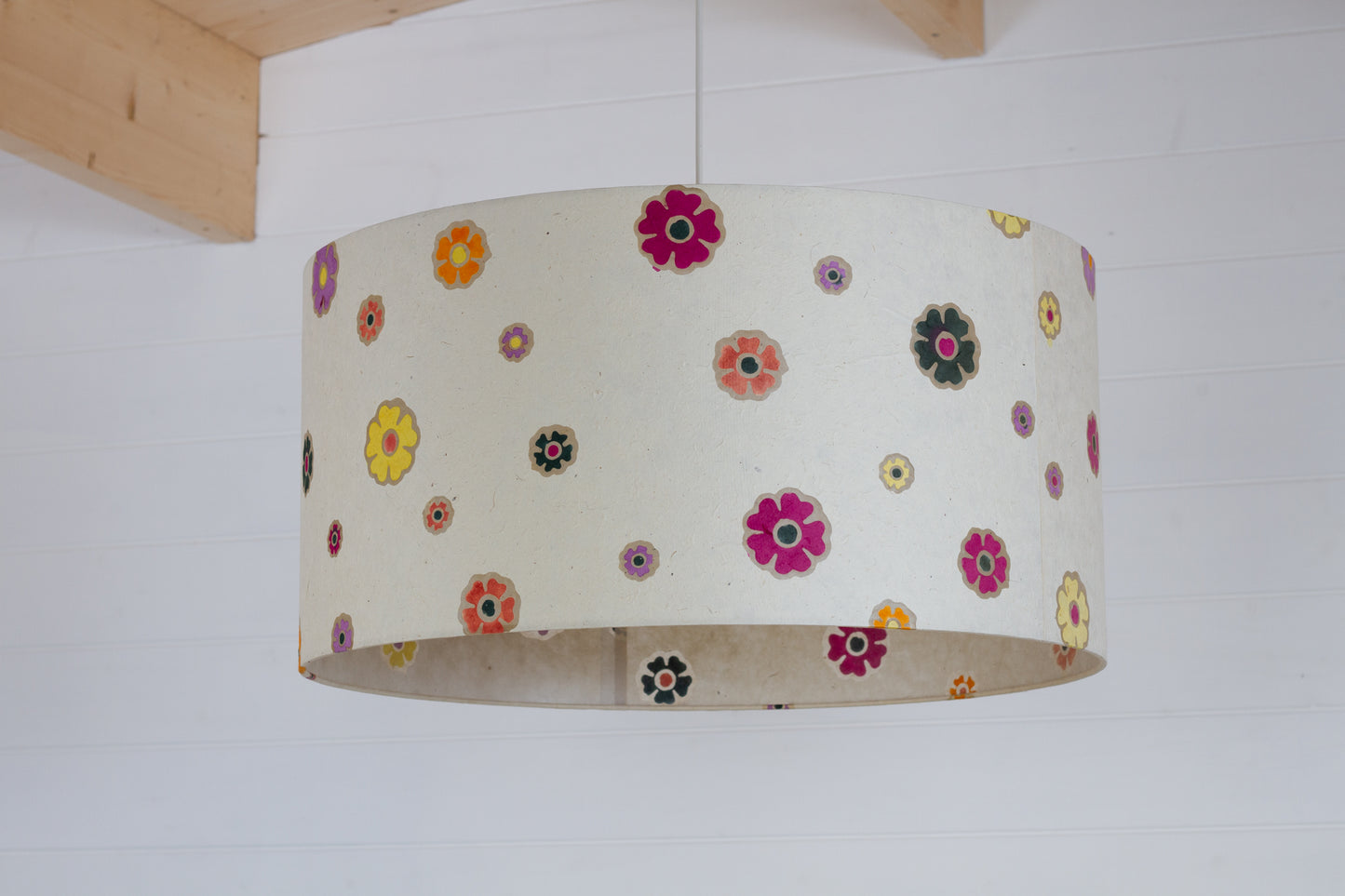 Drum Lamp Shade - P35 - Batik Multi Flower on Natural, 60cm(d) x 30cm(h)