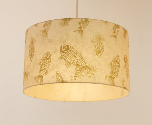 Drum Lamp Shade - P40 - Gold Fish Screen Print on Natural Lokta, 35cm(d) x 20cm(h)