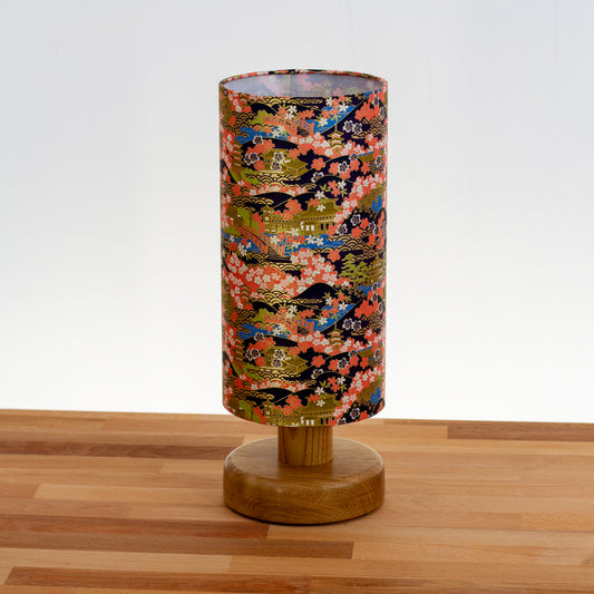 Round Oak Table Lamp with 15cm x 30cm Drum Lampshade in W06 ~ Kyoto