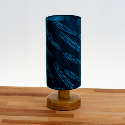 Round Oak Table Lamp with Riser, 15cm x 30cm Drum Lampshade in B106 ~ Resistance Dyed Teal Fern
