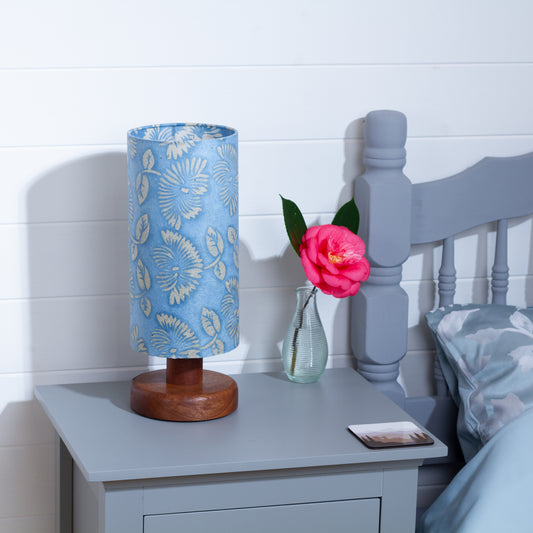 Round Sapele Table Lamp (15cm) with 15cm x 30cm Drum Lampshade in B129 ~ Batik Peony Blue