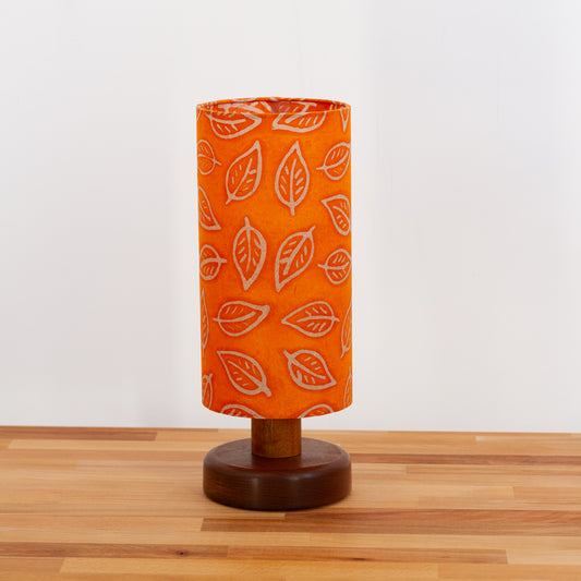 Round Sapele Table Lamp (15cm) with 15cm x 30cm Drum Lampshade in Batik Leaf Orange B123