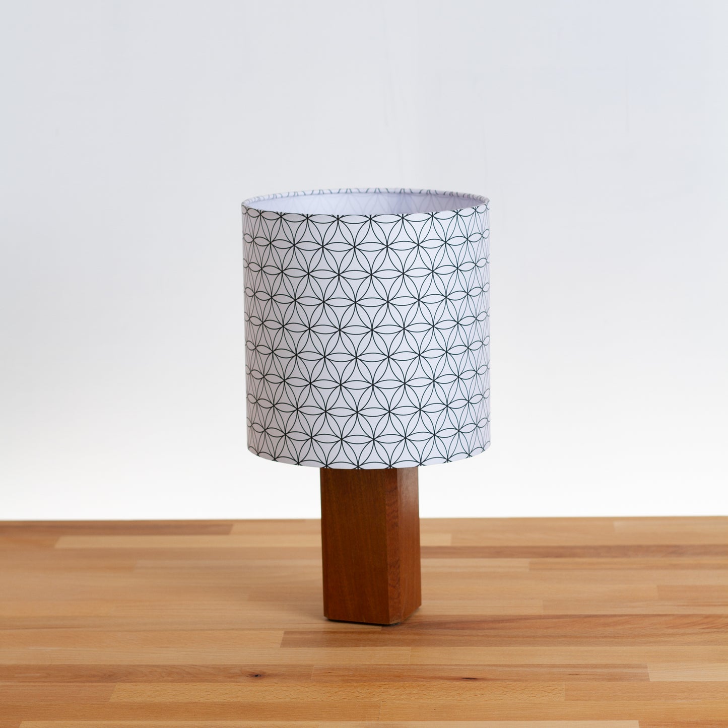 Square Sapele Table Lamp with 20cm Drum Lamp Shade B108 Flower of Life