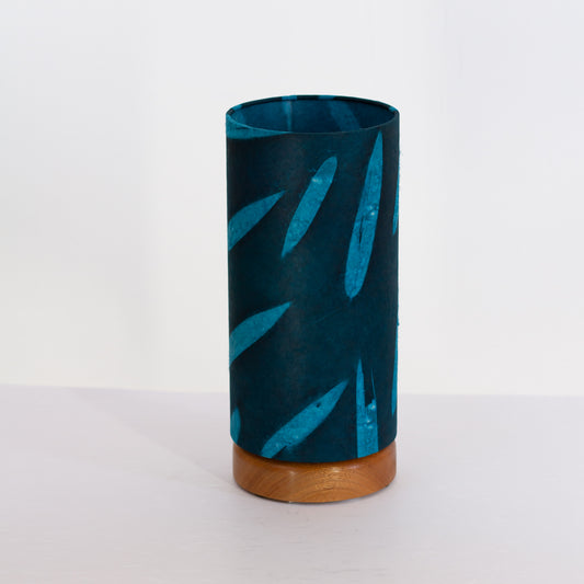 Flat Round Sapele Table Lamp with 15cm x 30cm Lampshade in P99 - Resistance Dyed Teal Bamboo