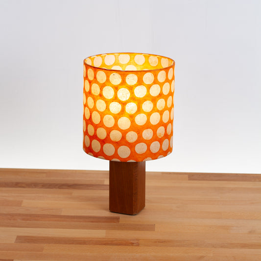 Square Sapele Table Lamp with 20cm Drum Lamp Shade B110 ~ Batik Dots on Orange