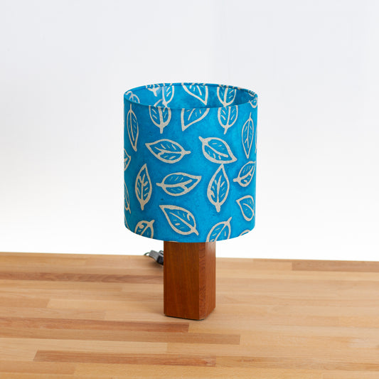 Square Sapele Table Lamp with 20cm Drum Lamp Shade B125 ~ Batik Leaf Teal