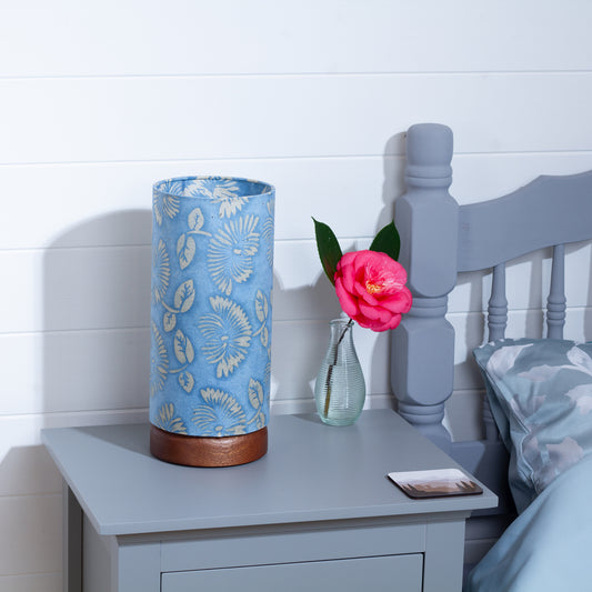 Flat Round Sapele Table Lamp (15cm) with 15cm x 30cm Drum Lampshade in B129 ~ Batik Peony Blue