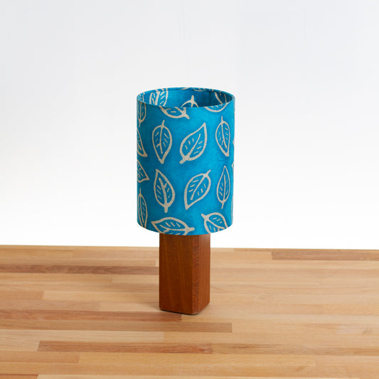 Square Sapele Table Lamp with 15cm Drum Lamp Shade B125 ~ Batik Leaf Teal