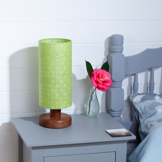 Round Sapele Table Lamp (15cm) with 15cm x 30cm Drum Lampshade in P02 - Batik Lime Circles
