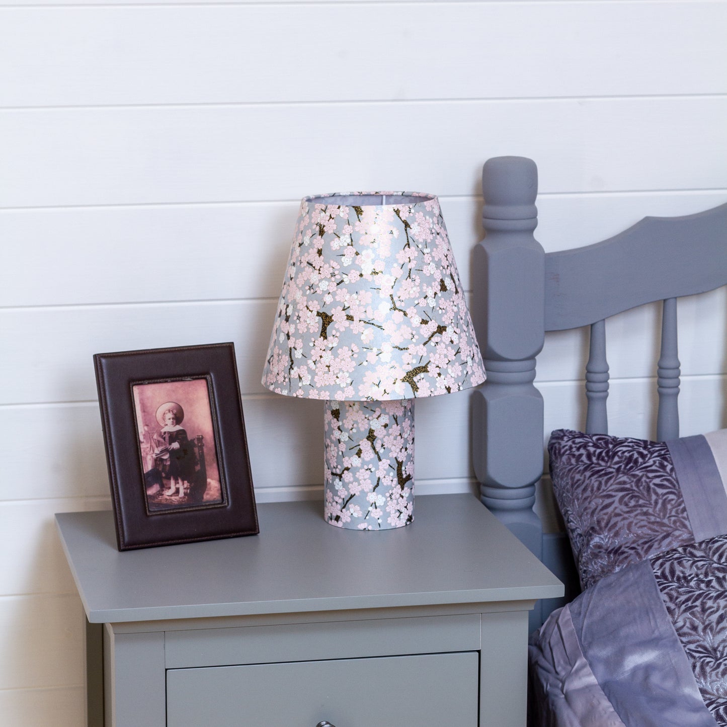 Matching Table Lamp (Small) with Conical Lamp Shade ~ Pink Cherry Blossom on Grey (W02)