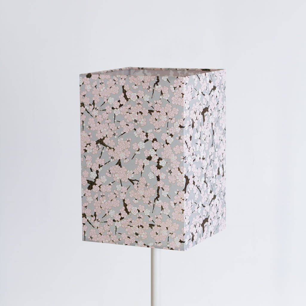 Square Lamp Shade - W02 ~ Pink Cherry Blossom on Grey, 20cm(w) x 30cm(h) x 20cm(d)
