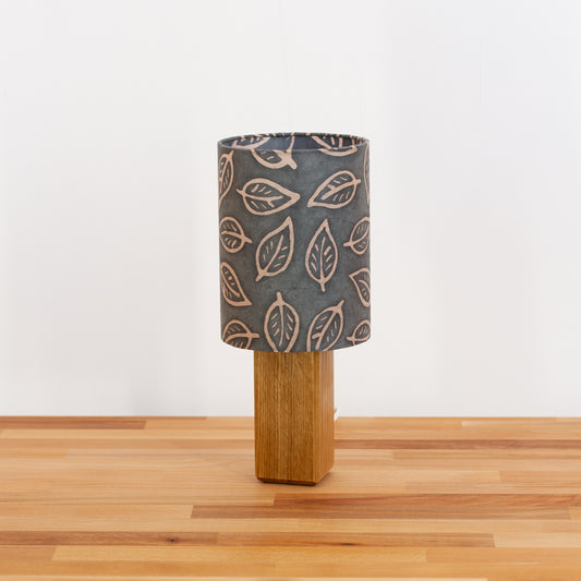 Square Oak Table Lamp with 15cm Drum Lamp Shade B124 ~ Batik Leaf Grey