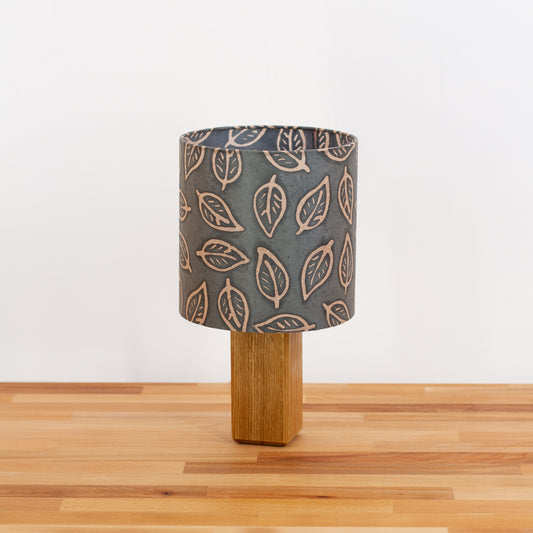Square Oak Table Lamp with 20cm Drum Lamp Shade ~ Batik Leaf Grey(B124)