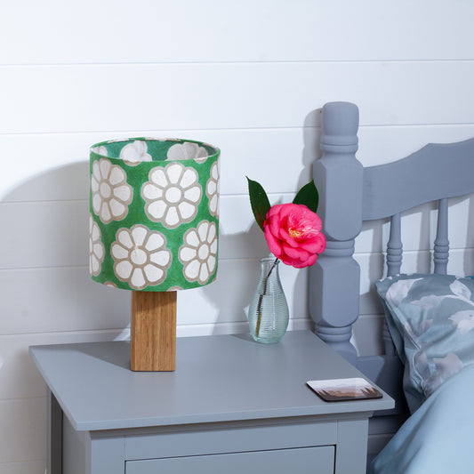 Square Oak Table Lamp with 20x20cm Drum Lamp Shade B127 ~ Batik Big Flower Green