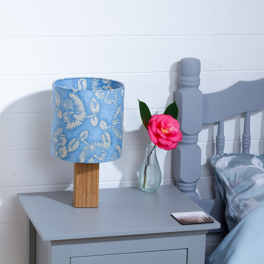 Square Oak Table Lamp with 20x20cm Drum Lamp Shade B129 ~ Batik Peony Blue