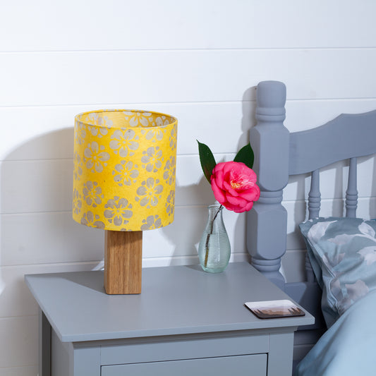 Square Oak Table Lamp with 20x20cm Drum Lamp Shade B128 ~ Batik Star Flower Yellow