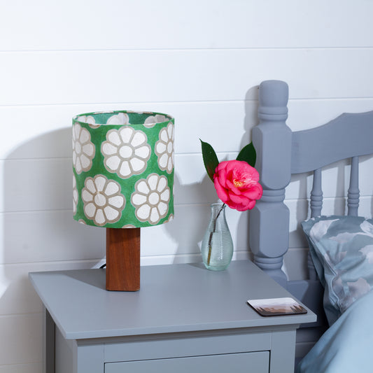 Square Sapele Table Lamp with 20x20cm Drum Lamp Shade B127 ~ Batik Big Flower Green