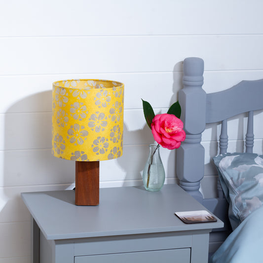 Square Sapele Table Lamp with 20x20cm Drum Lamp Shade B128 ~ Batik Star Flower Yellow