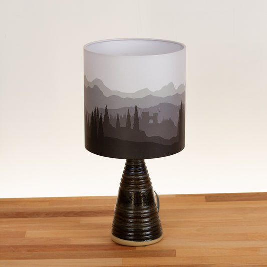 Stoneware Table Lamp Base with Dark Glaze, Landscape #1 Grey Drum Lampshade
