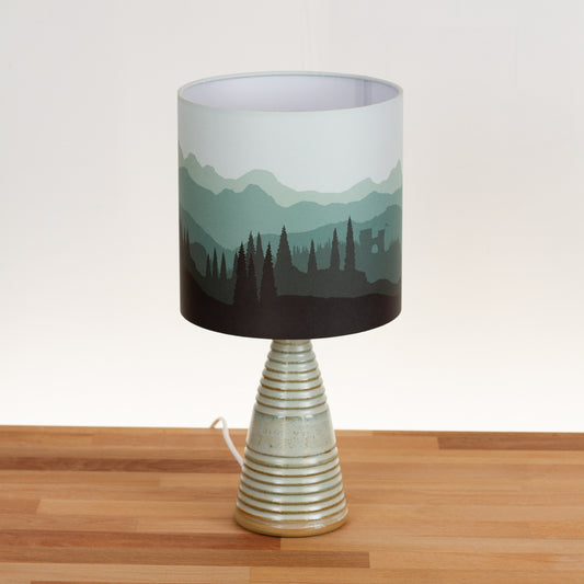 Stoneware Table Lamp Base with Green Glaze, Landscape #1 Green Drum Lampshade