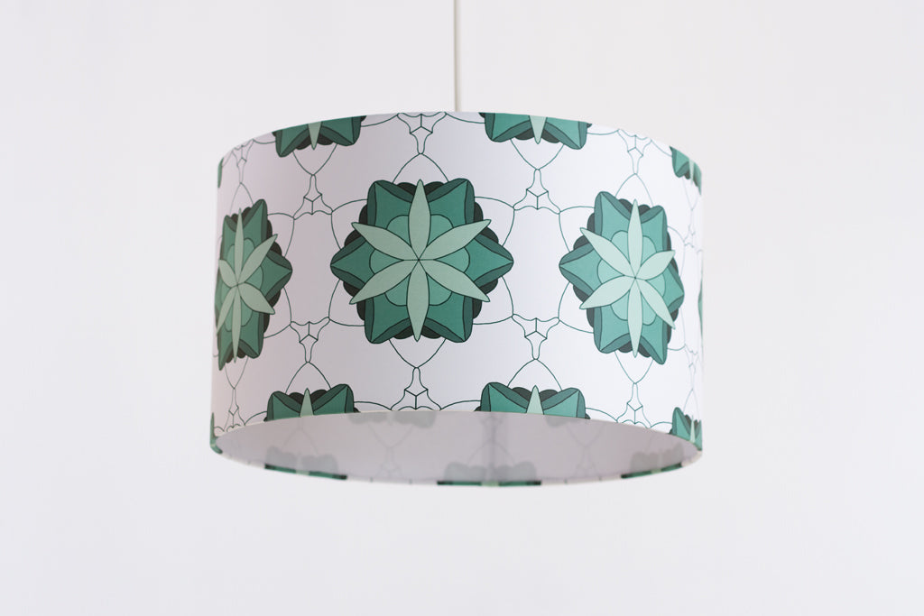 Drum Lamp Shade 35cm(d) x 20cm(h) Geometric Flowers Green (D41)