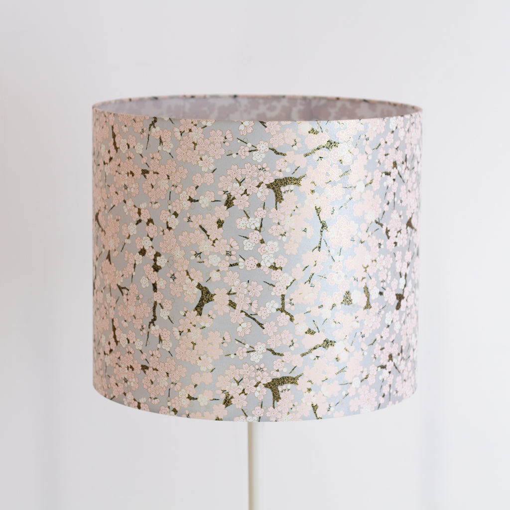 Drum Lamp Shade - W02 ~ Pink Cherry Blossom on Grey, 35cm(d) x 30cm(h)