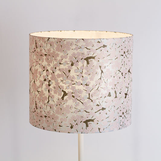 Drum Lamp Shade - W02 ~ Pink Cherry Blossom on Grey, 35cm(d) x 30cm(h)