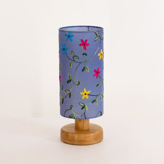 Round Oak Table Lamp (15cm) with 15cm x 30cm Lamp Shade in P46 ~ Embroidered Evening Blue