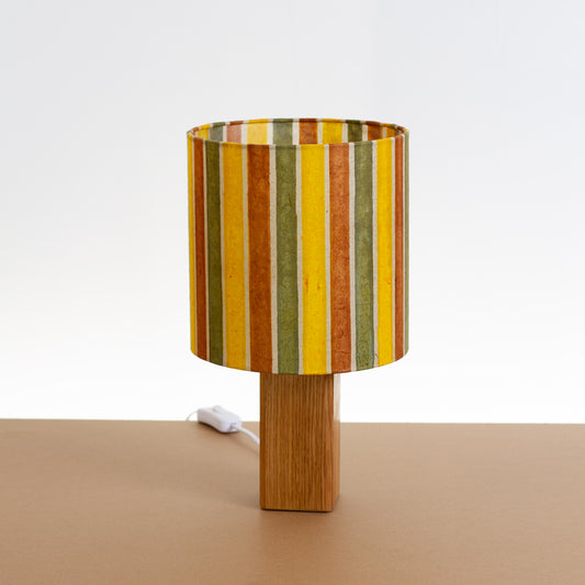 Square Oak Table Lamp with 20cm Drum Lamp Shade P06 ~ Batik Stripes Autumn