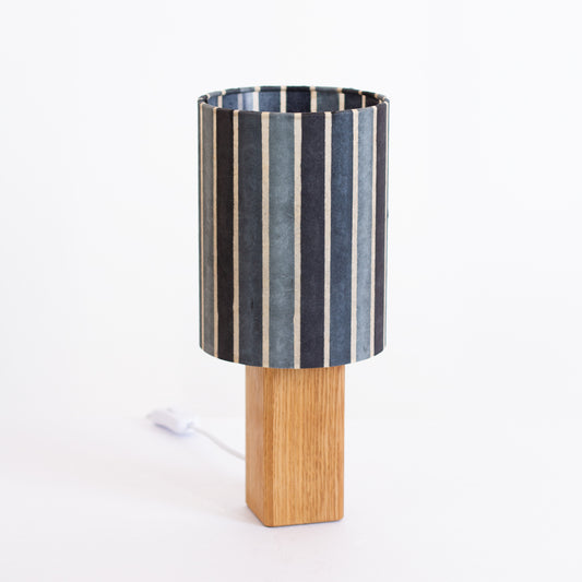Square Oak Table Lamp with 15cm Drum Lamp Shade P08 ~ Batik Stripes Grey