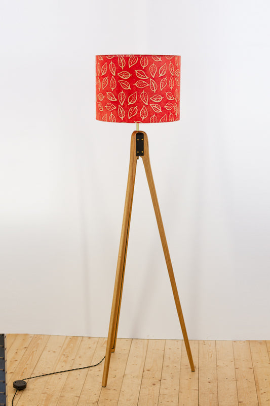 Oak Tripod Floor Lamp - P30 - Batik Leaf on Red