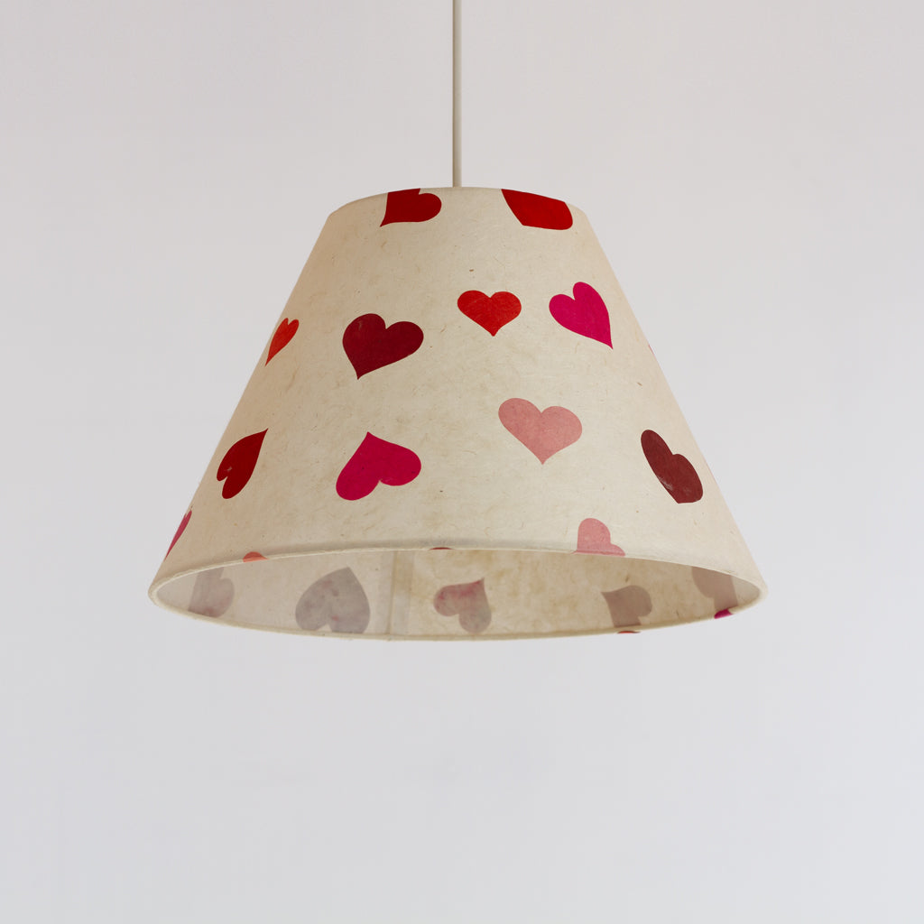 Conical Lamp Shade - P82 ~ Pink Hearts on Natural Lokta, 15cm Top, 35cm Bottom, 22cm Height